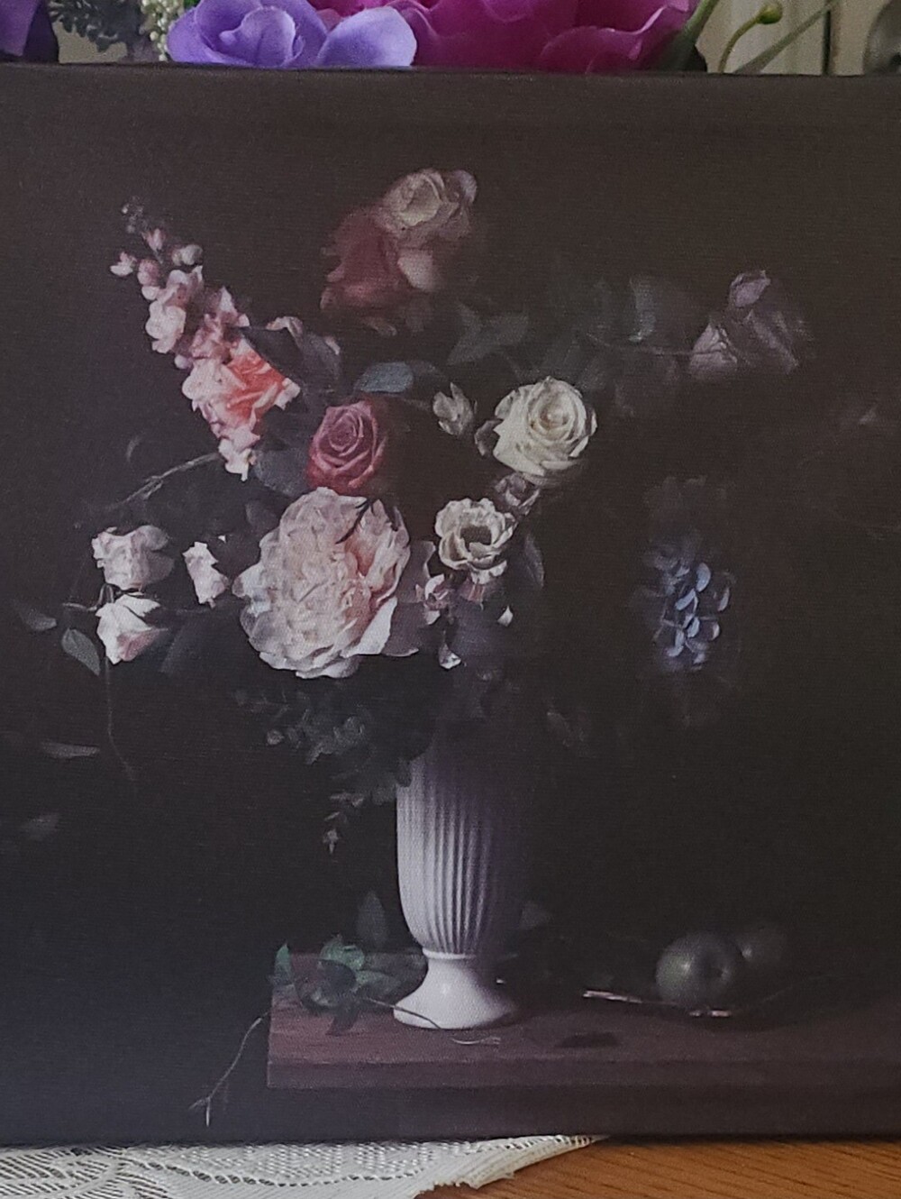 Floral Still Life Canvas Print in Black with Pink and White Roses.